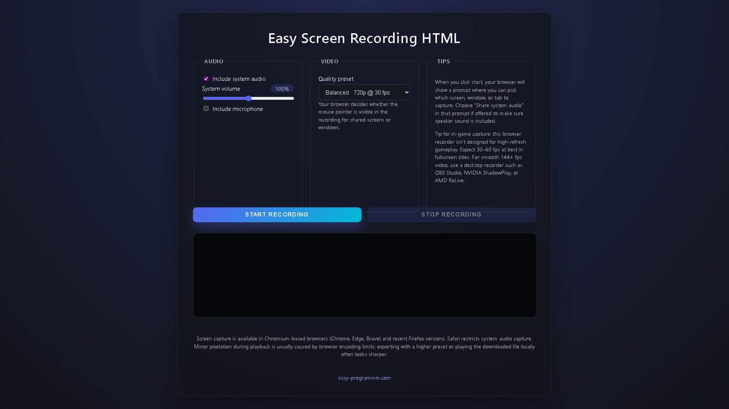 Easy Screen Recording HTML